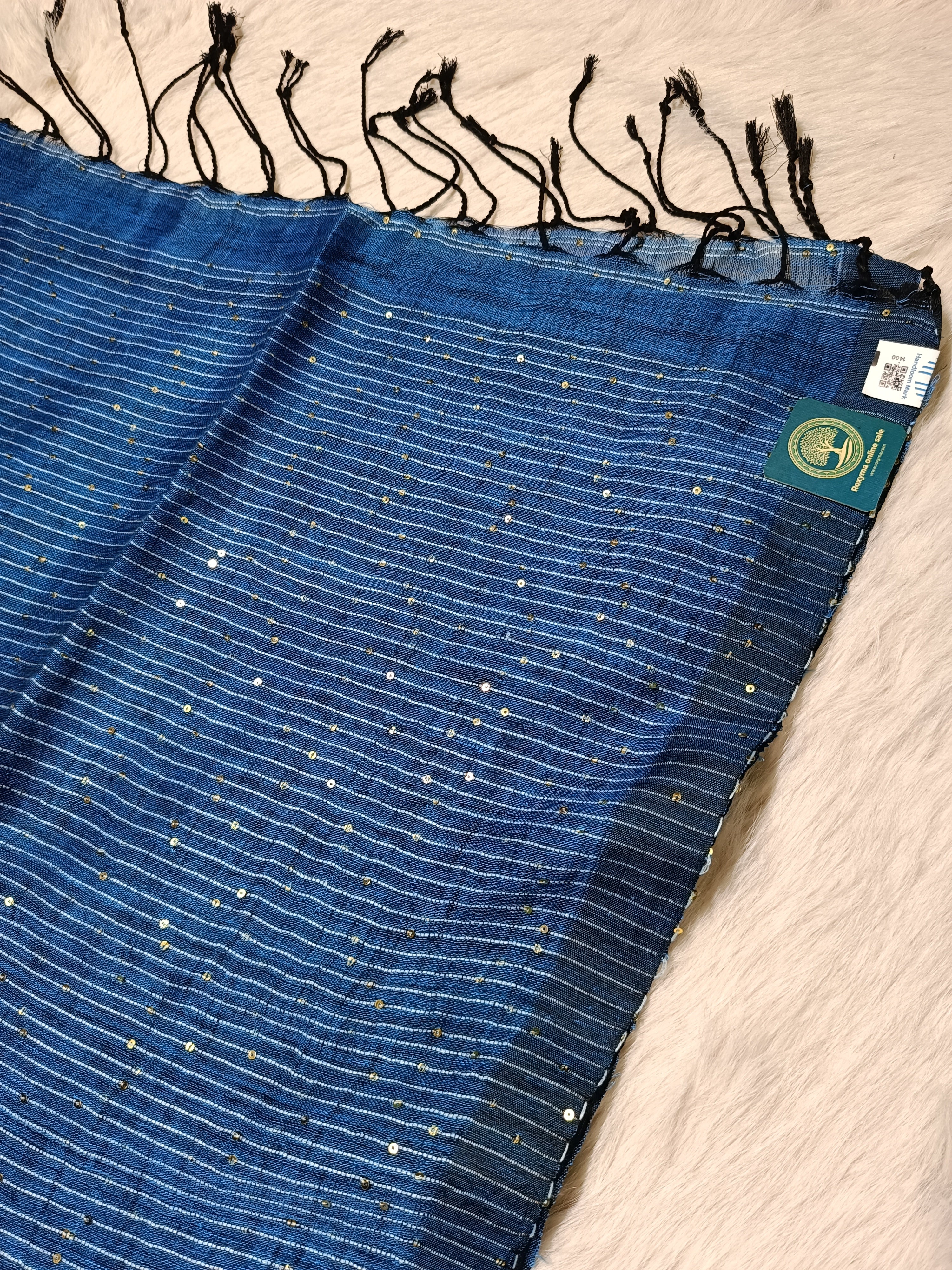 Pure Linen Handwoven Saree with Sequin Floral Motifs & Running Blouse Piece