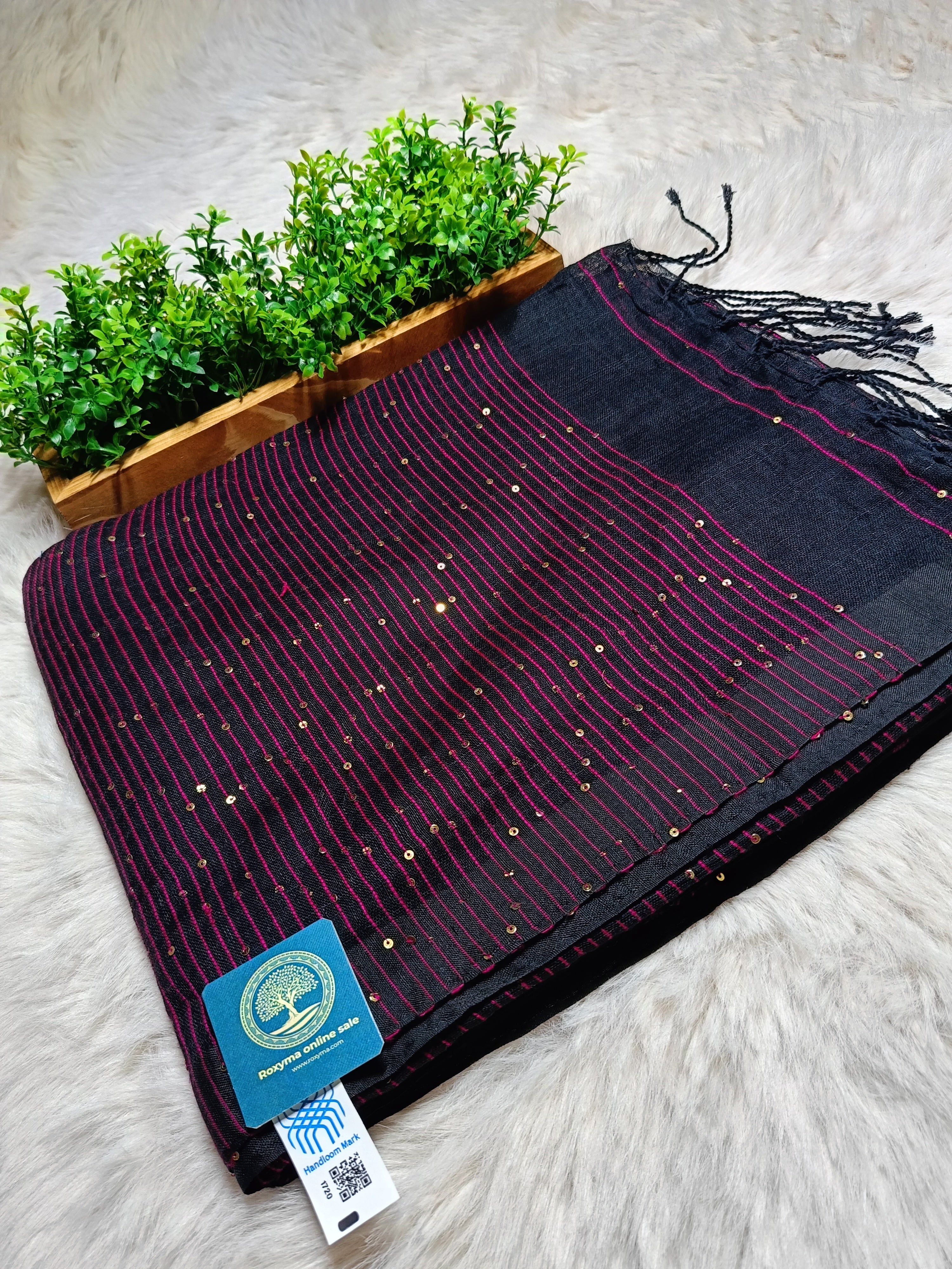 Pure Linen Handwoven Saree with Sequin Floral Motifs & Running Blouse Piece