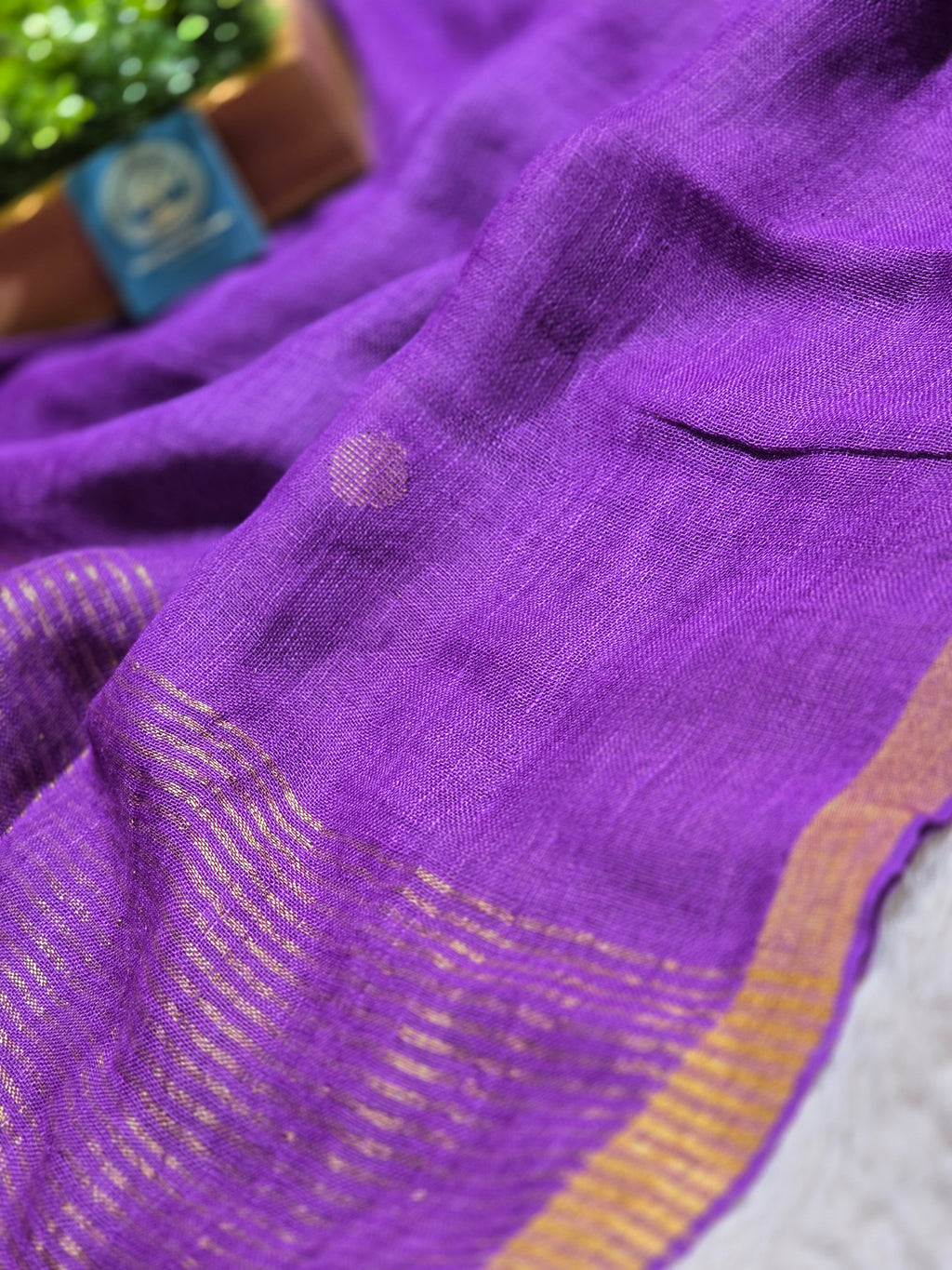 Pure Linen-by-Linen Saree – Royal Purple with Gold Zari Jamdani Buttas & Striped Pallu