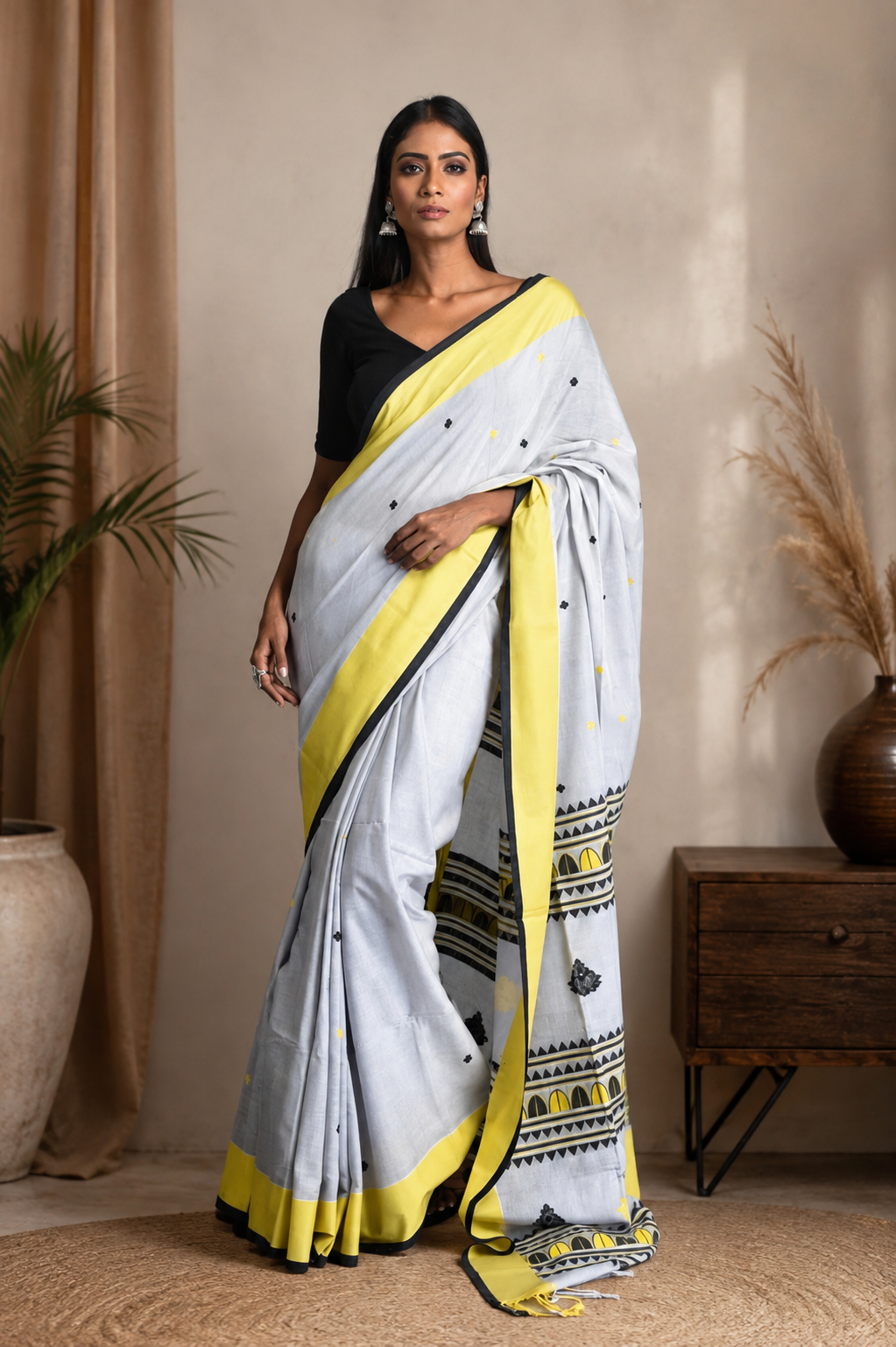Elegant Grey Pure Cotton Handwoven Dola Bedi Jamdani Saree with Black & Yellow Traditional Motifs