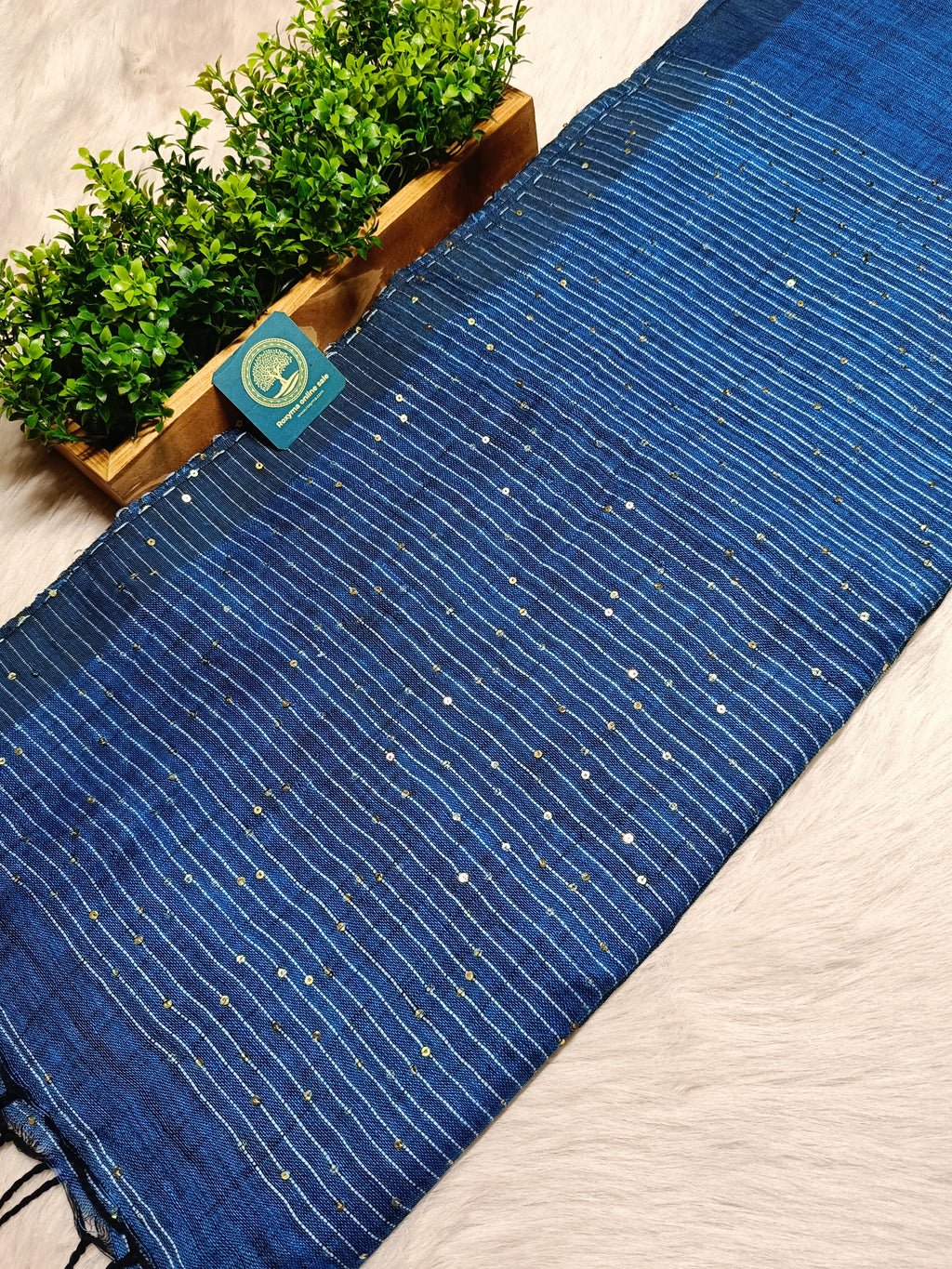 Pure Linen Handwoven Saree with Sequin Floral Motifs & Running Blouse Piece