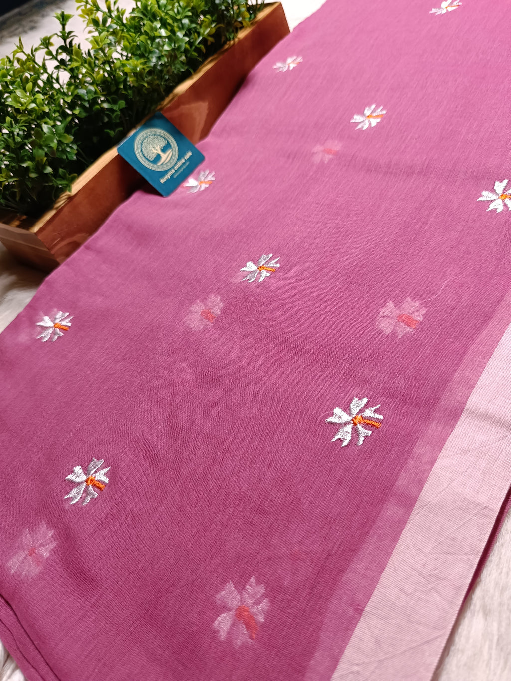 Pure Mulmul Cotton Saree with Seuli Flower Embroidery