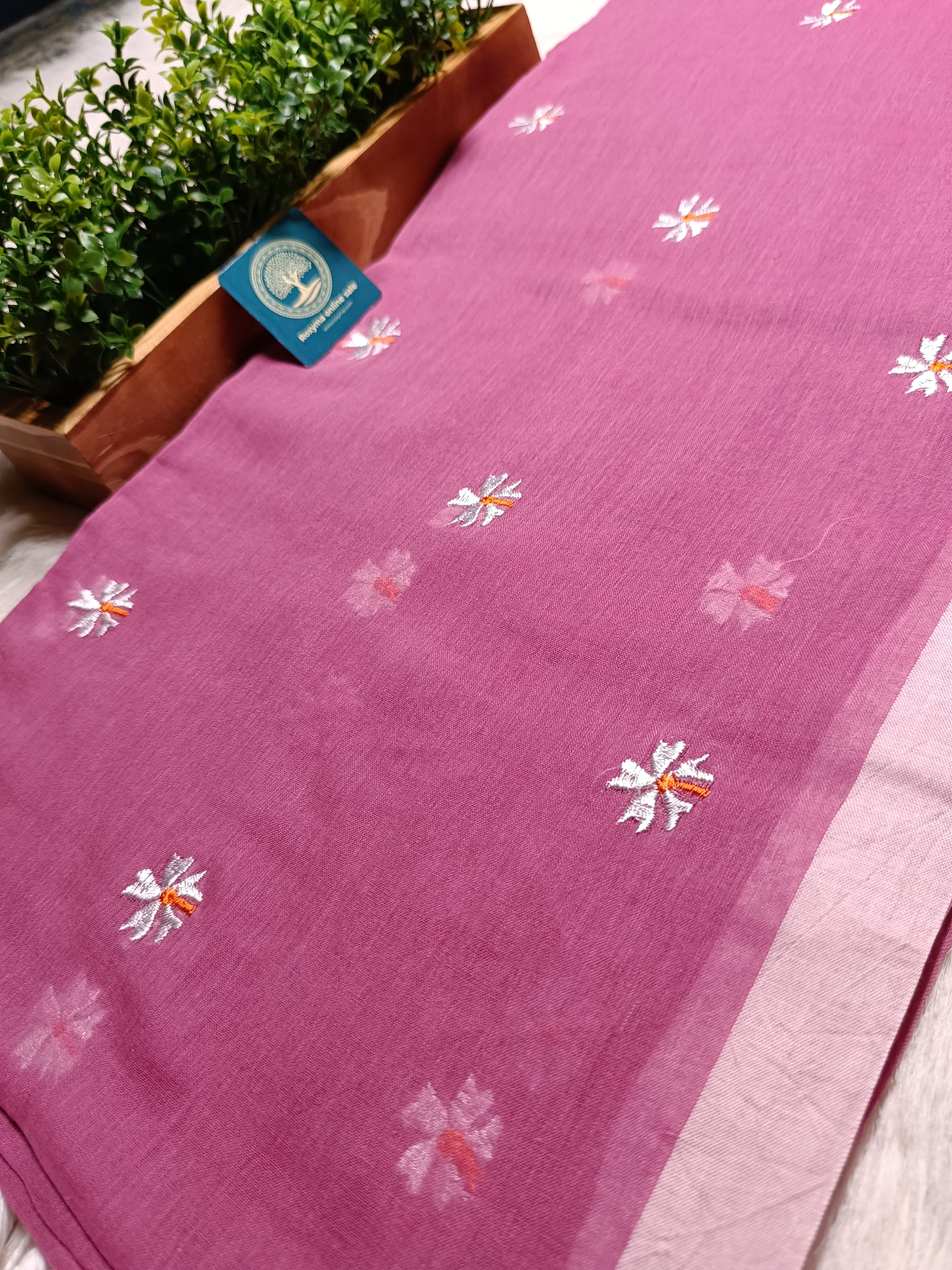 Pure Mulmul Cotton Saree with Seuli Flower Embroidery