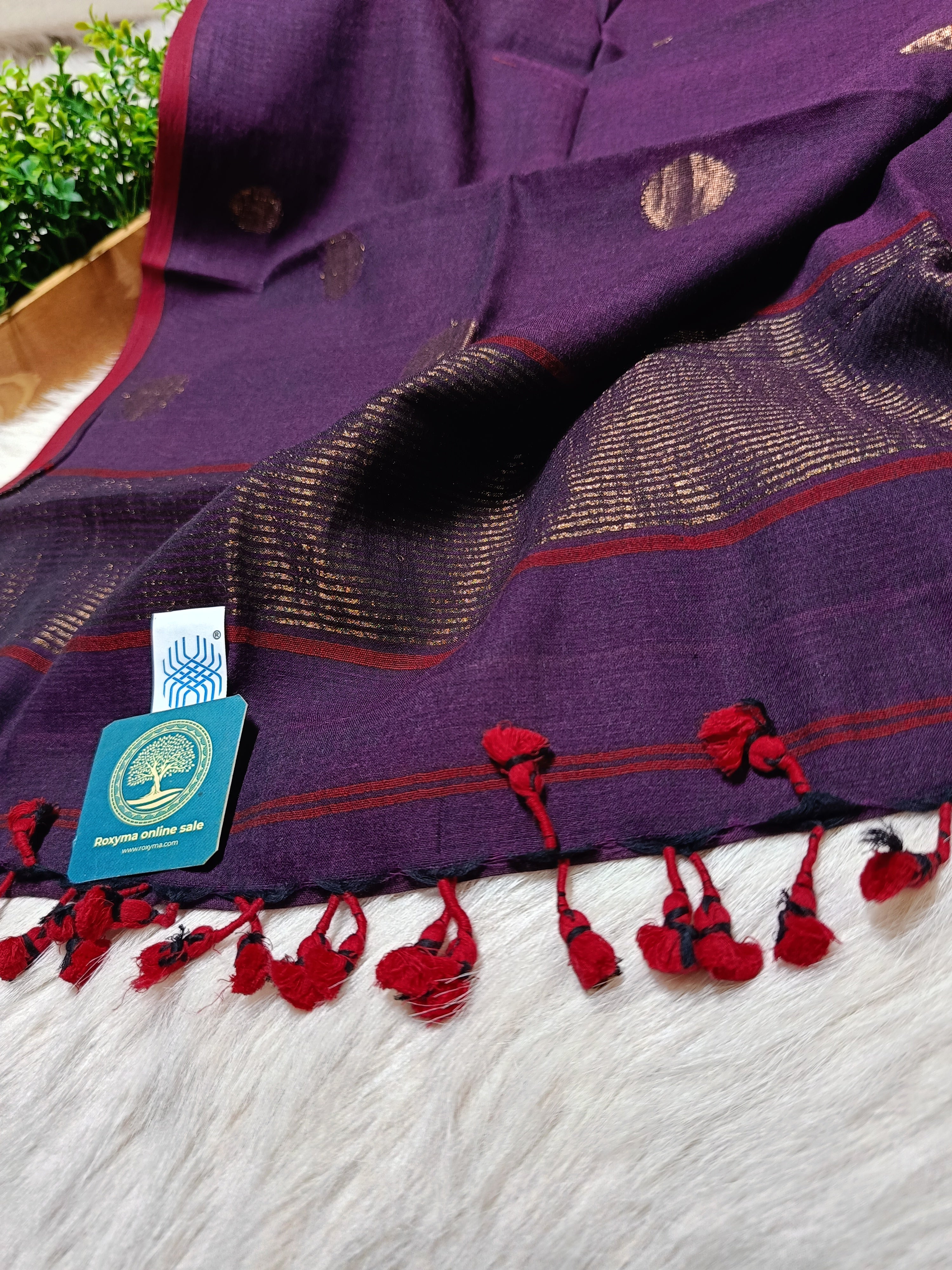Pure Cotton suit with Jamdani Golden Zari  Butties in Plum Shed. Unstitched Dress Material Set of 2
