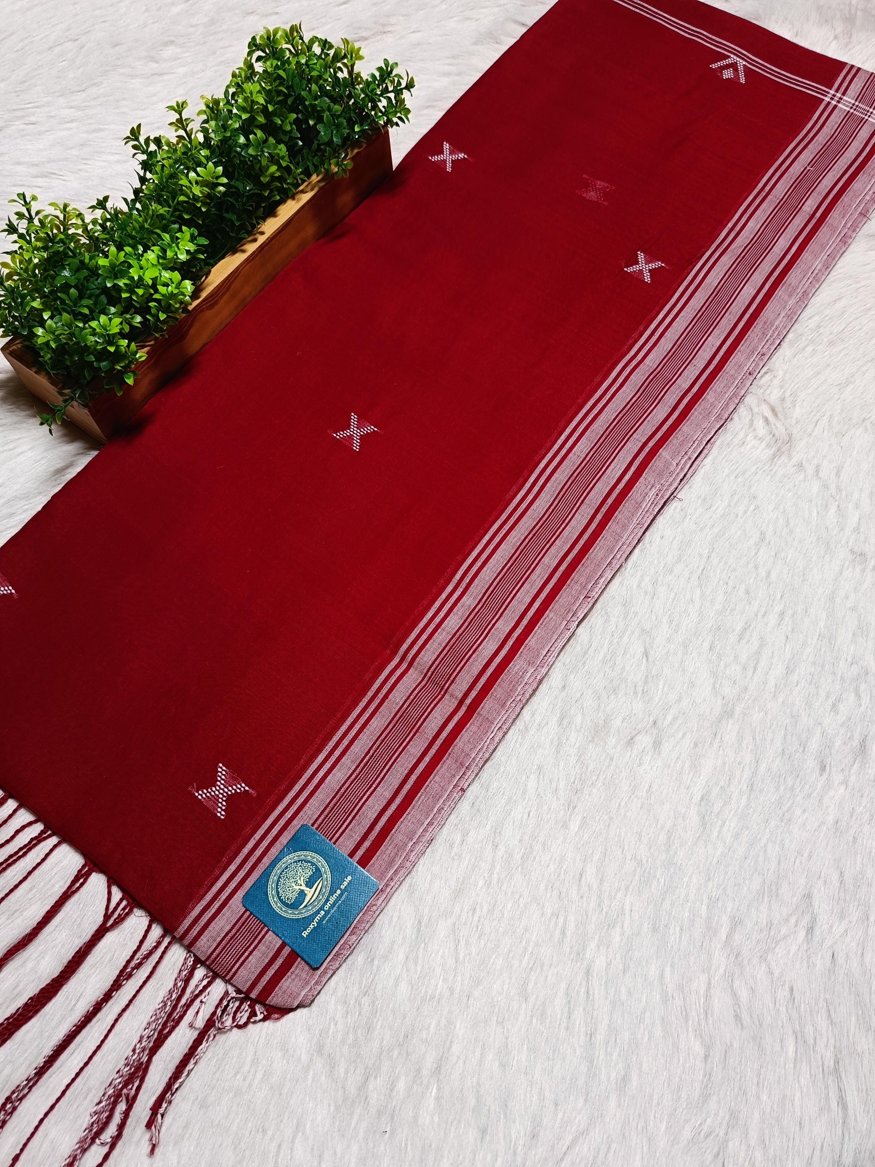 Red Cotton Jamdani Saree with Bhujodi-Style Weaving