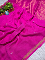Handwoven Magenta Jaishree Linen Jamdani Saree with Golden Zari Pallu