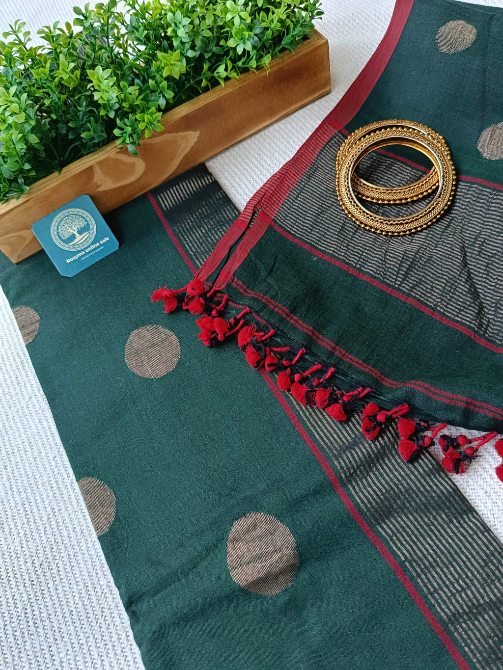 Pure Cotton Jamdani Woven Unstitched Dress Material Set – Dark green with red highlighted & golden zari buties,Suit Fabric with Dupatta