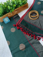 Pure Cotton Jamdani Woven Unstitched Dress Material Set – Dark green with red highlighted & golden zari buties,Suit Fabric with Dupatta