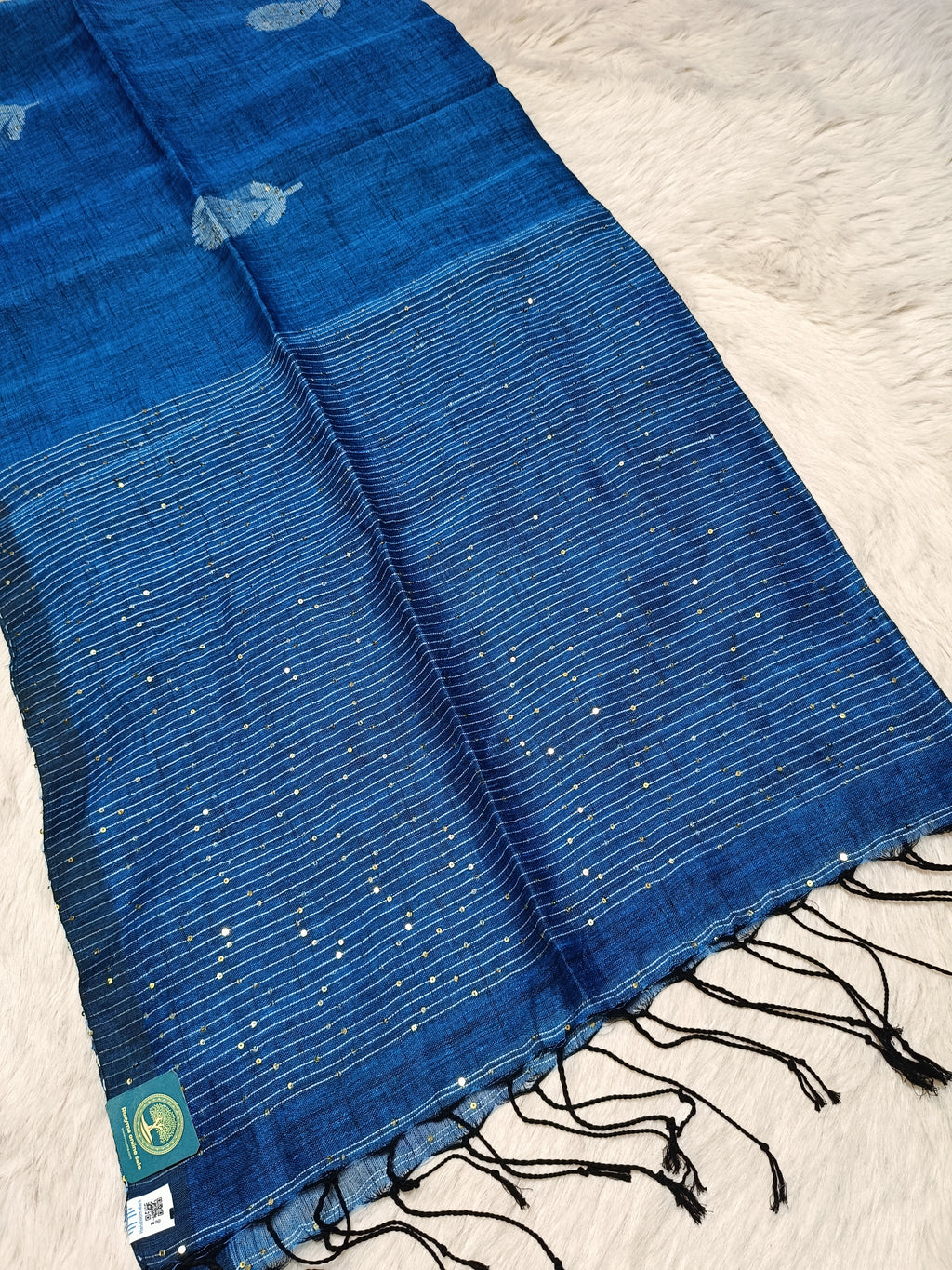 Pure Linen Handwoven Saree with Sequin Floral Motifs & Running Blouse Piece