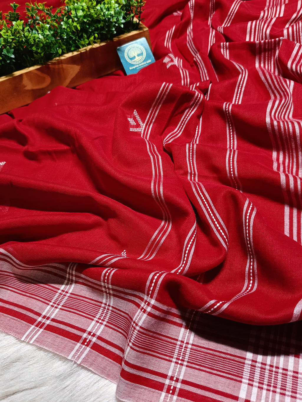 Red Cotton Jamdani Saree with Bhujodi-Style Weaving