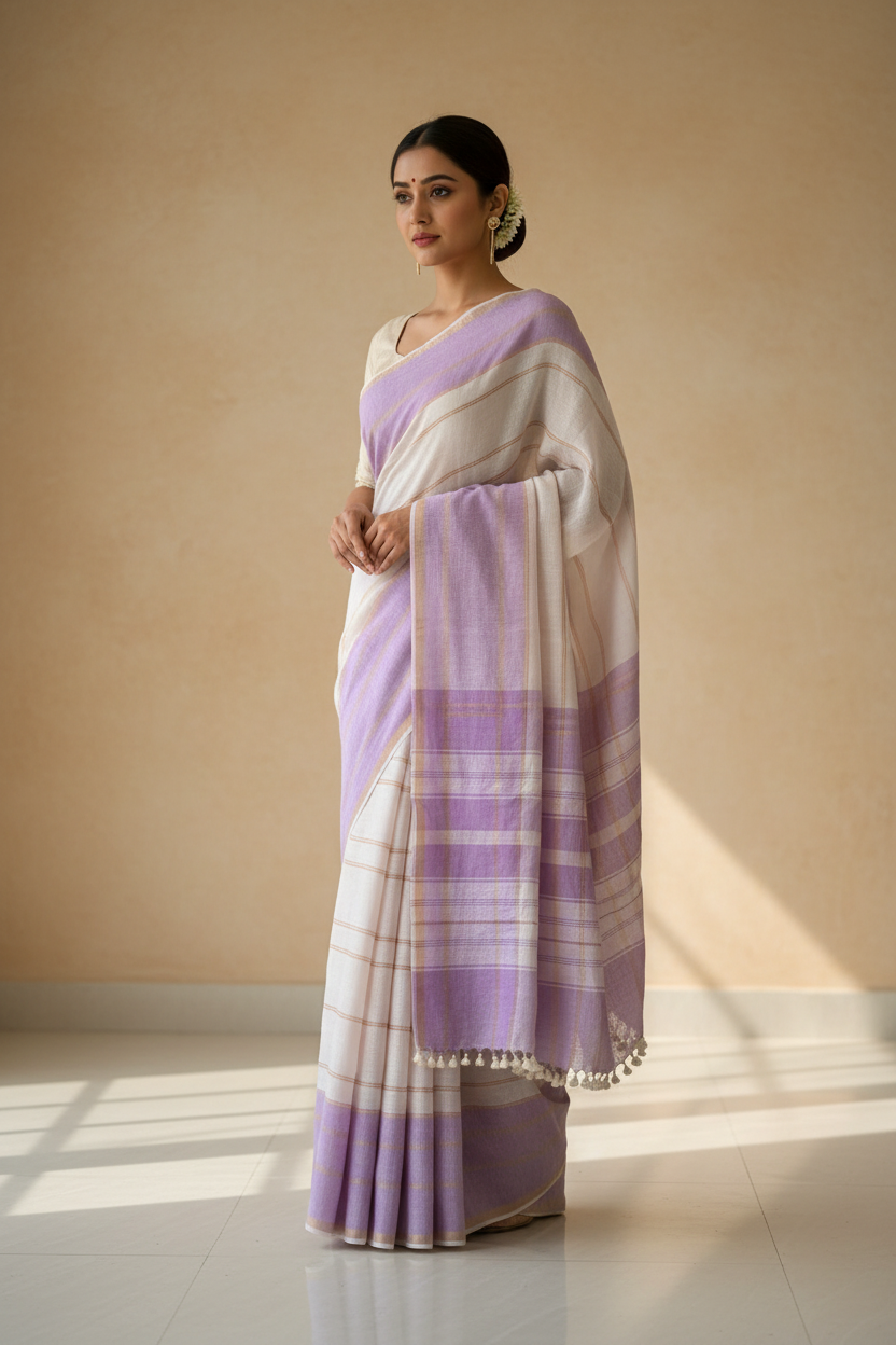 Premium Handwoven Jaishree Linen Saree in Lavender & Ivory with Blouse Piece