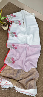 Pure Linen-by-Linen Saree – Off-White with Crimson Jamdani Floral Motifs & Striped Pallu