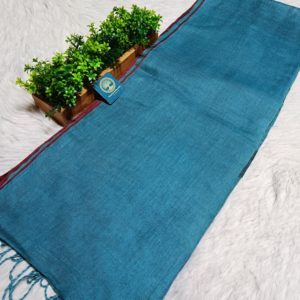 Turquoise Blue Jaishree Linen Saree with Handwoven Jamdani Pallu
