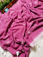 Pure Mulmul Cotton Saree with Seuli Flower Embroidery