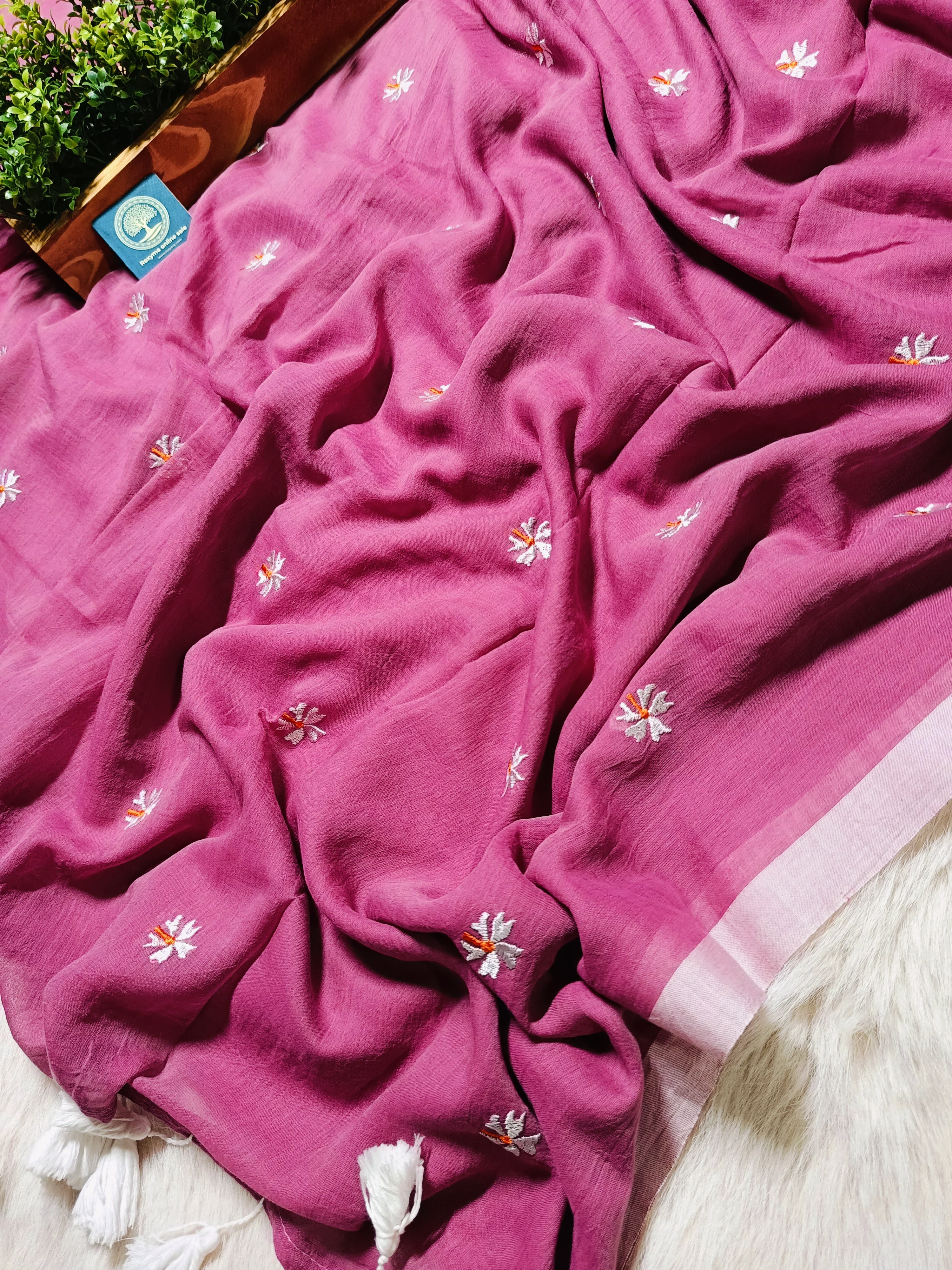 Pure Mulmul Cotton Saree with Seuli Flower Embroidery