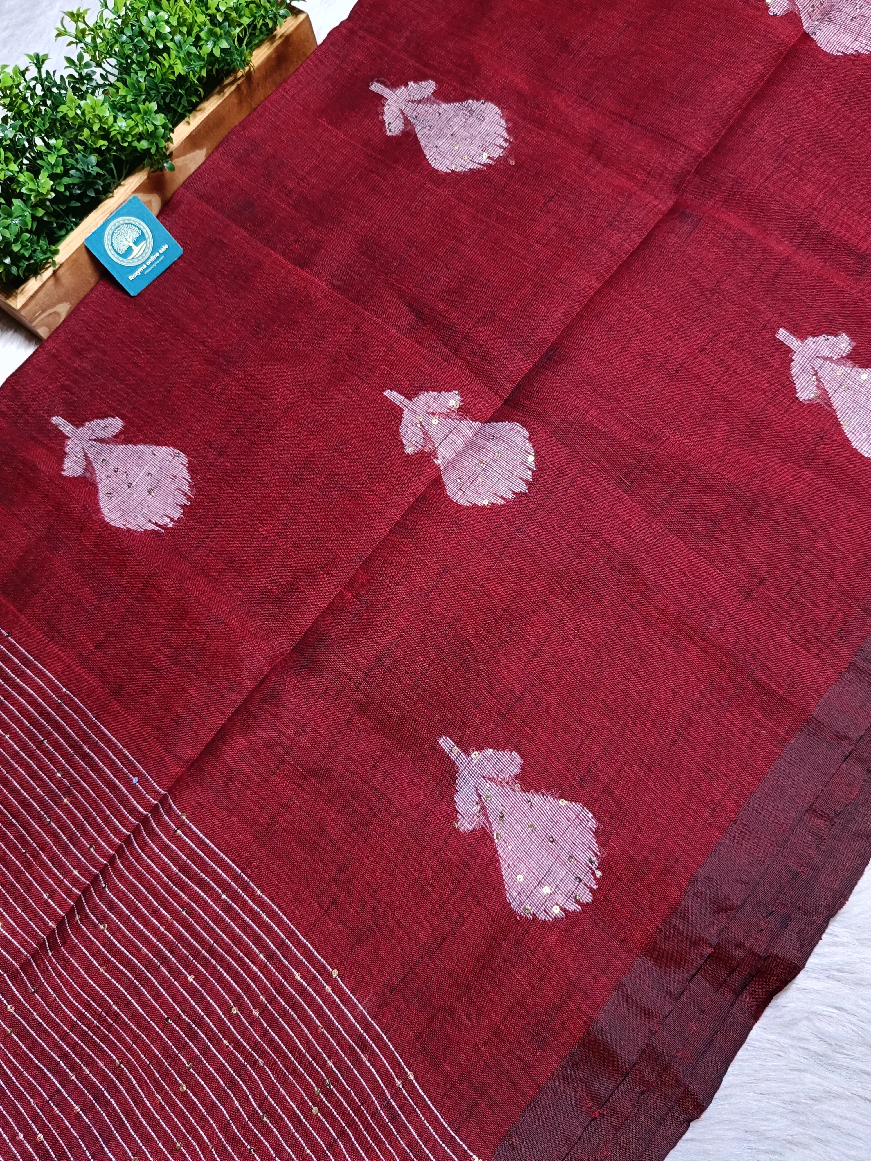 Pure Linen Handwoven Saree with Sequin Floral Motifs & Running Blouse Piece