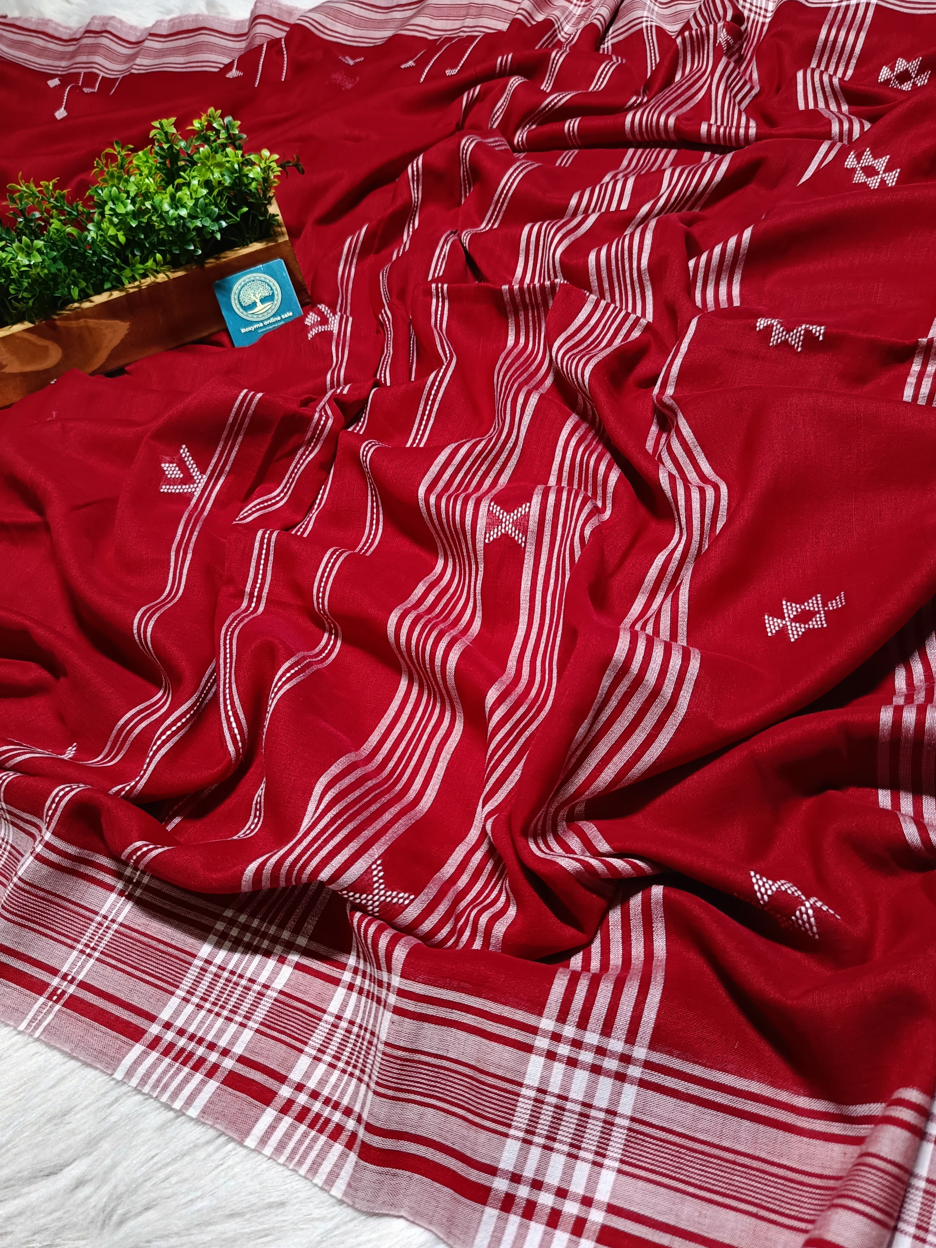 Red Cotton Jamdani Saree with Bhujodi-Style Weaving