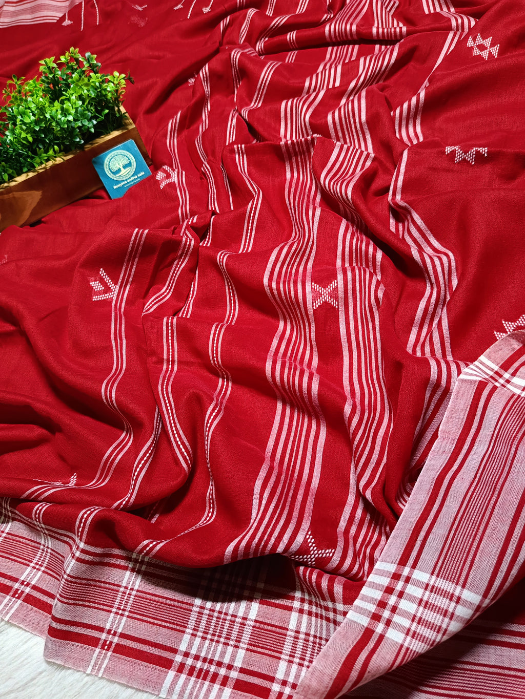Red Cotton Jamdani Saree with Bhujodi-Style Weaving