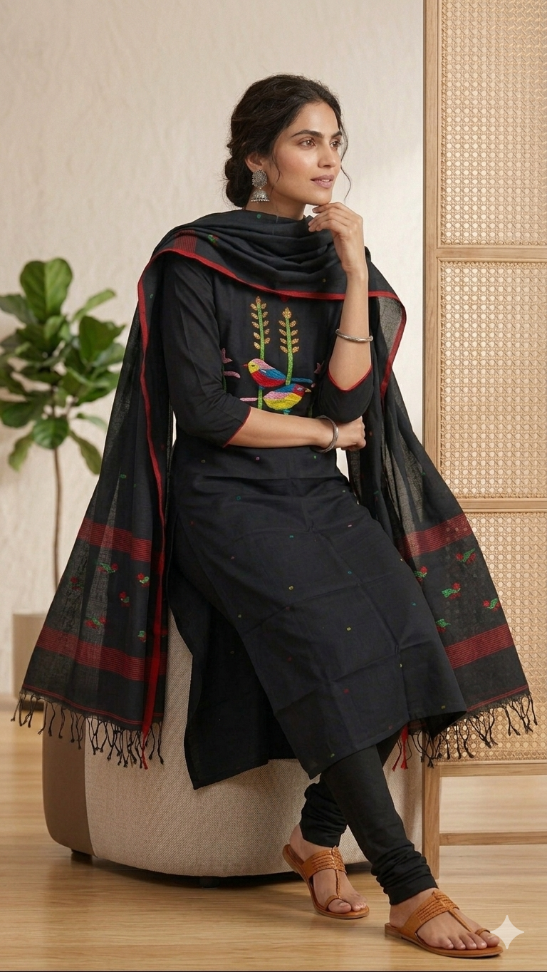 Premium Black Cotton Jamdani Salwar Suit Set with Handwoven Bird Motif Dupatta | 2 Piece Ethnic Set
