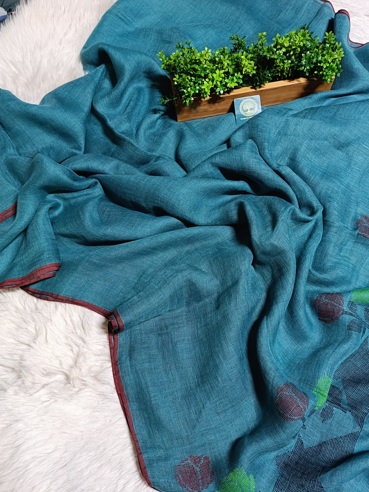 Turquoise Blue Jaishree Linen Saree with Handwoven Jamdani Pallu