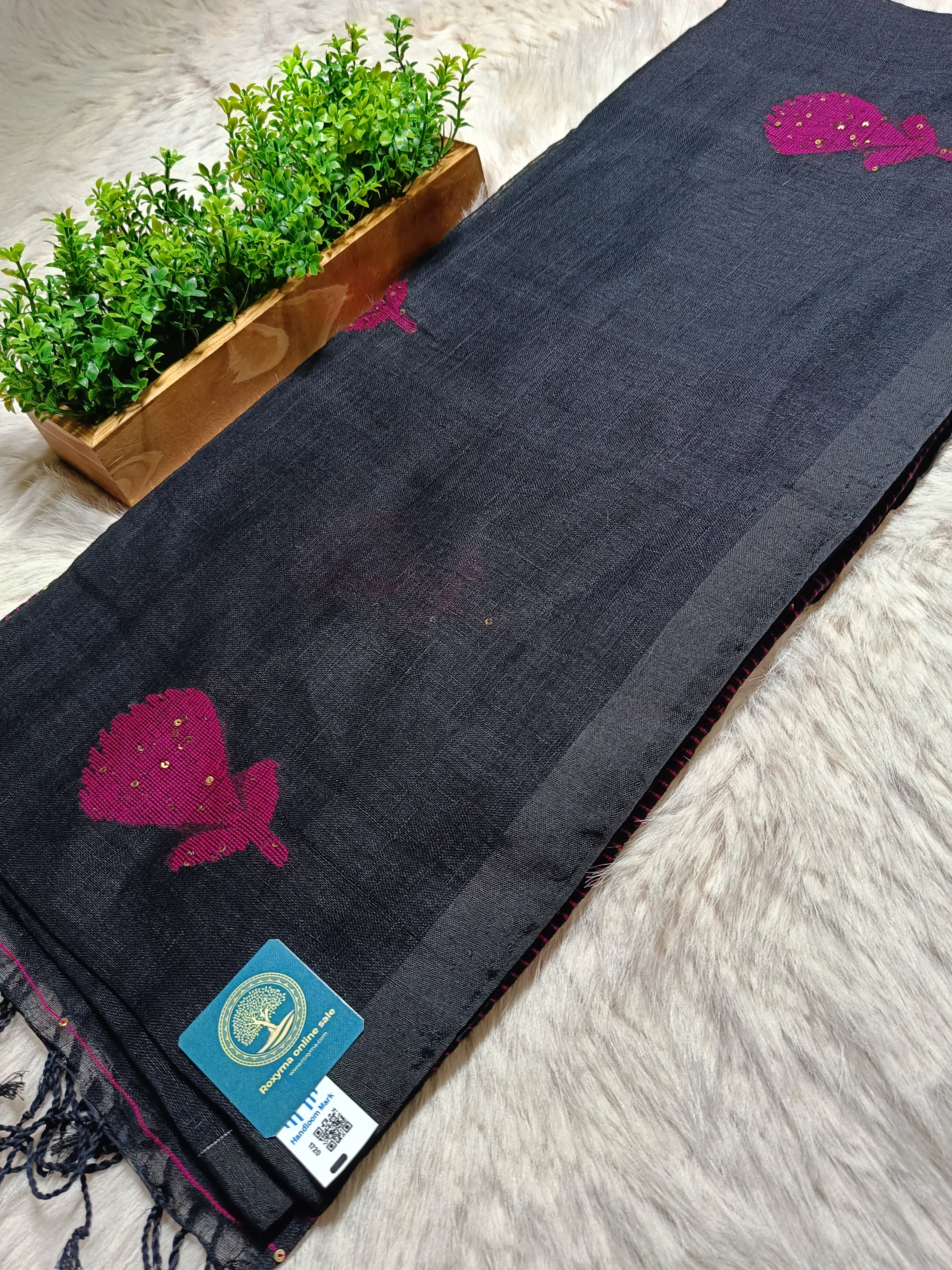 Pure Linen Handwoven Saree with Sequin Floral Motifs & Running Blouse Piece