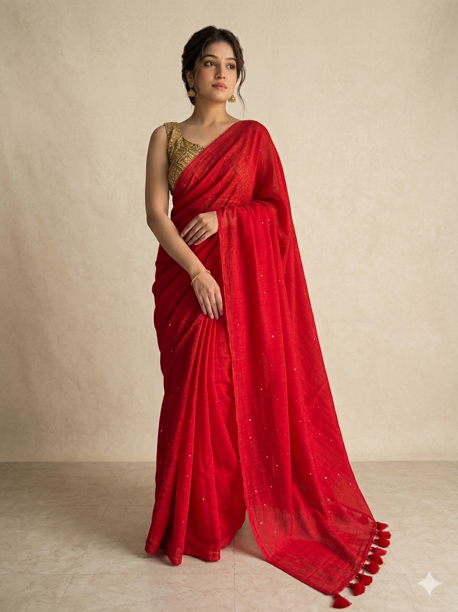 Crimson Radiance: Red Mull Cotton Sequined Saree
