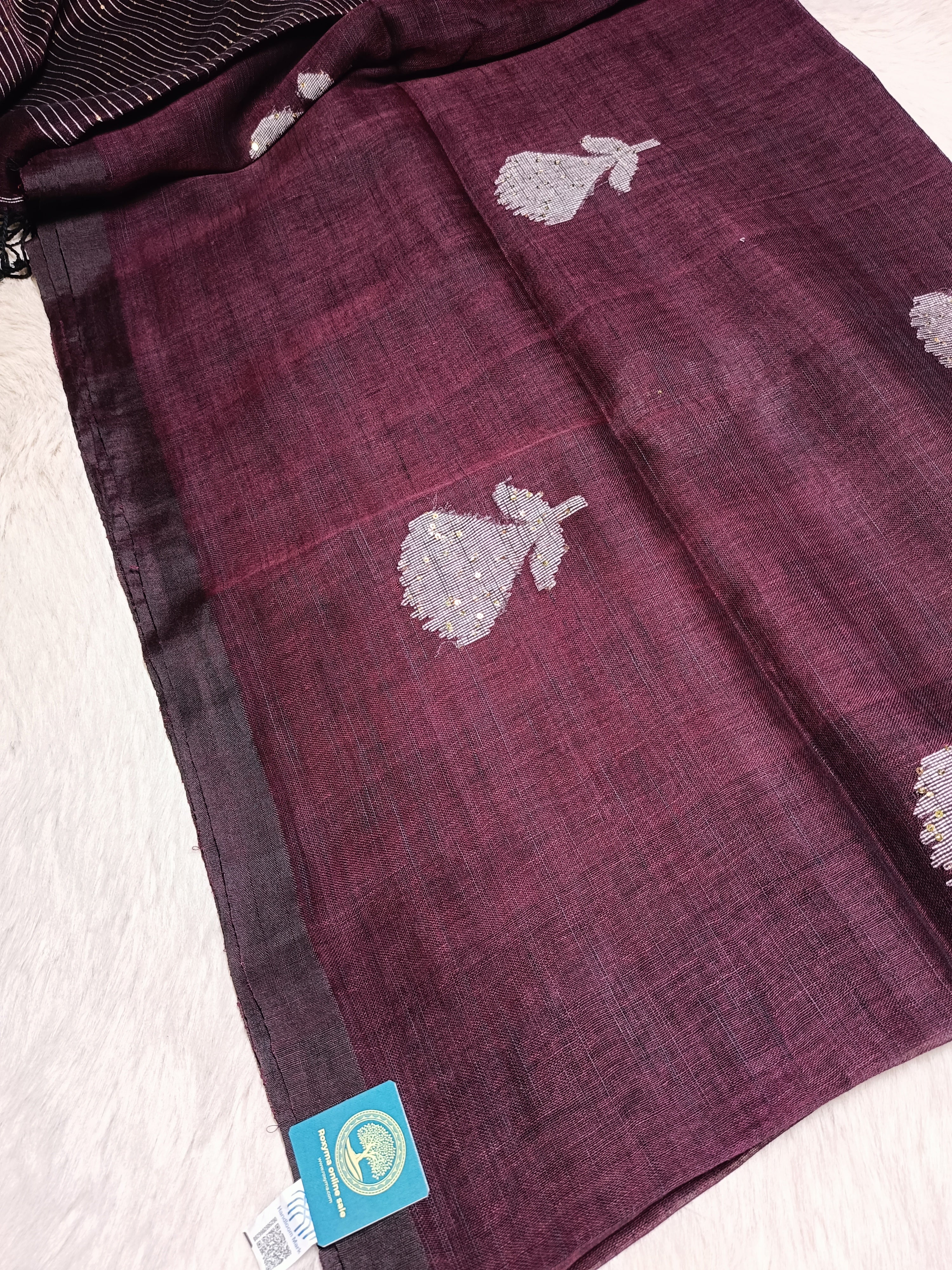 Pure Linen Handwoven Saree with Sequin Floral Motifs & Running Blouse Piece