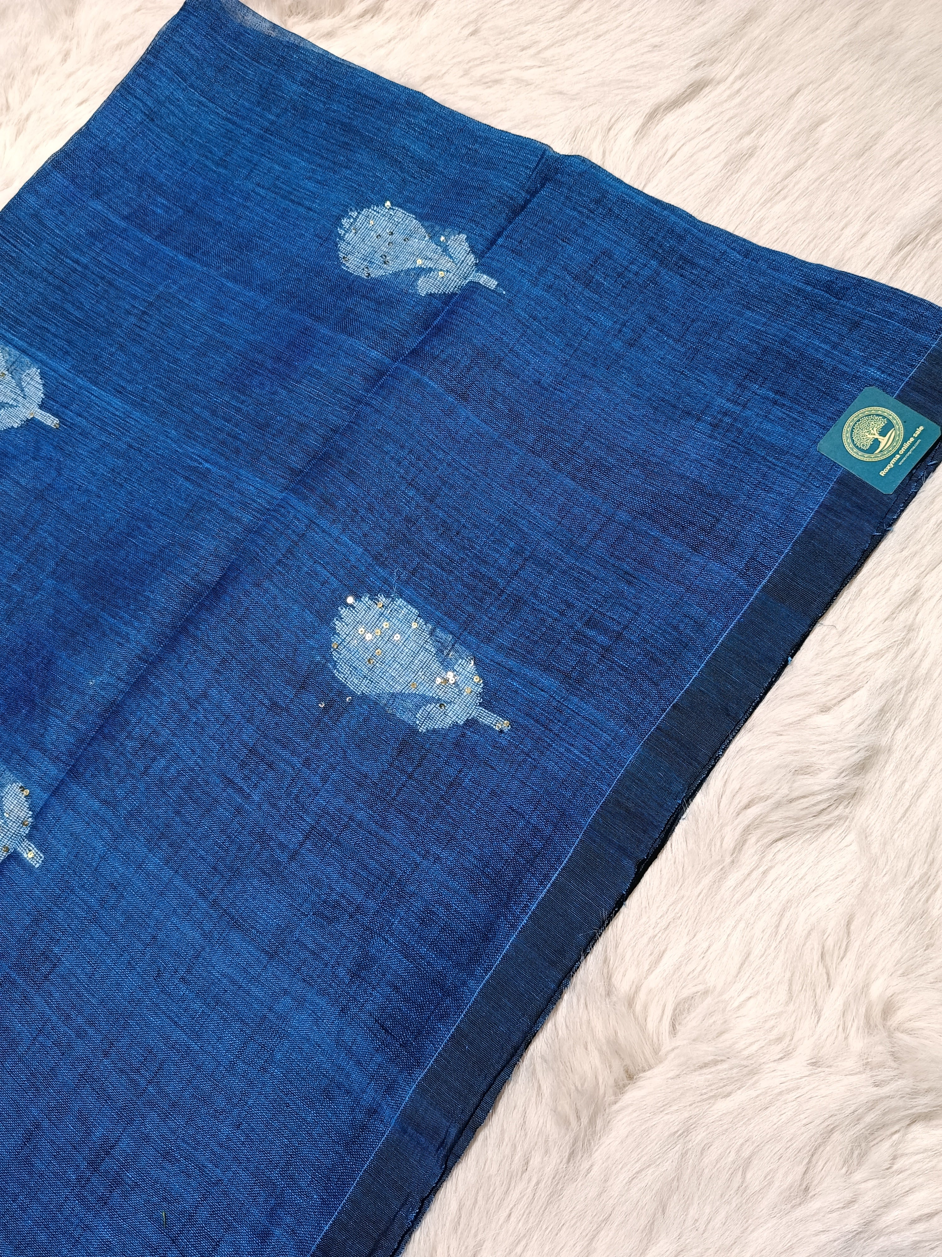 Pure Linen Handwoven Saree with Sequin Floral Motifs & Running Blouse Piece