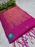 Handwoven Magenta Jaishree Linen Jamdani Saree with Golden Zari Pallu