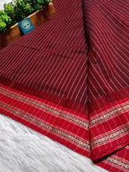 Dhaniyakhali Cotton Saree with Stripes & Vibrant Red Border
