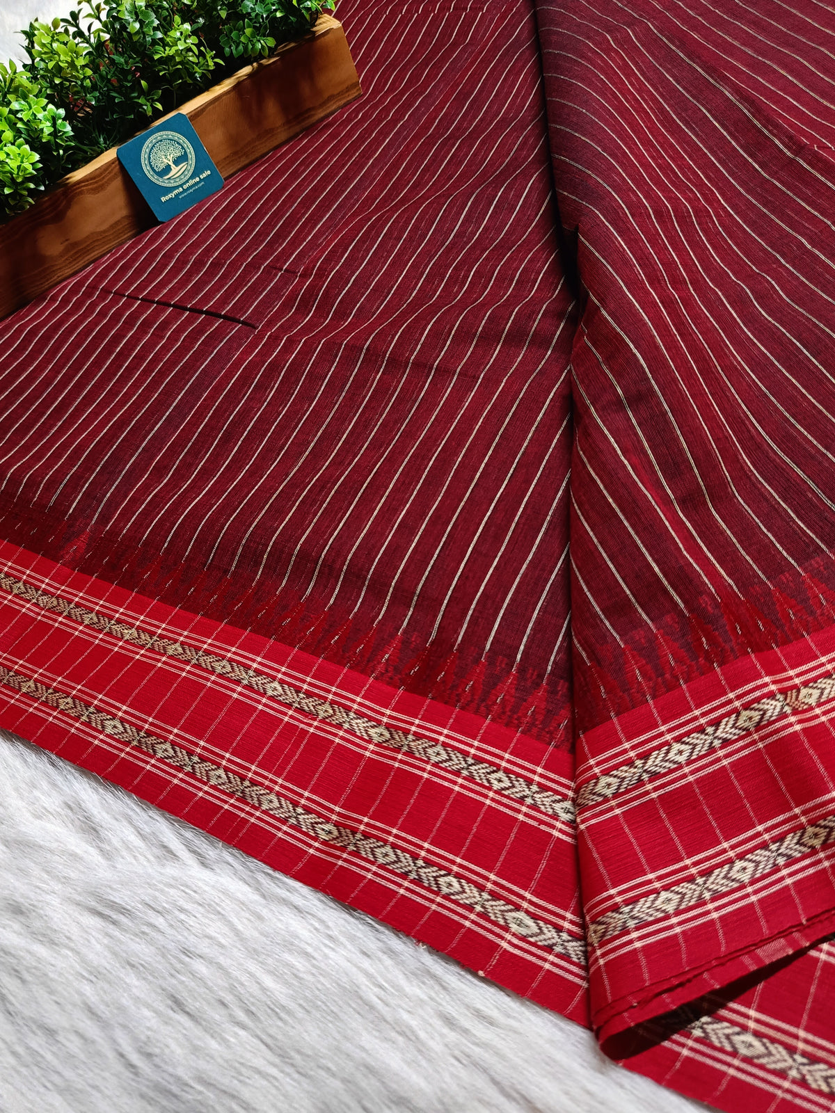 Dhaniyakhali Cotton Saree with Stripes & Vibrant Red Border