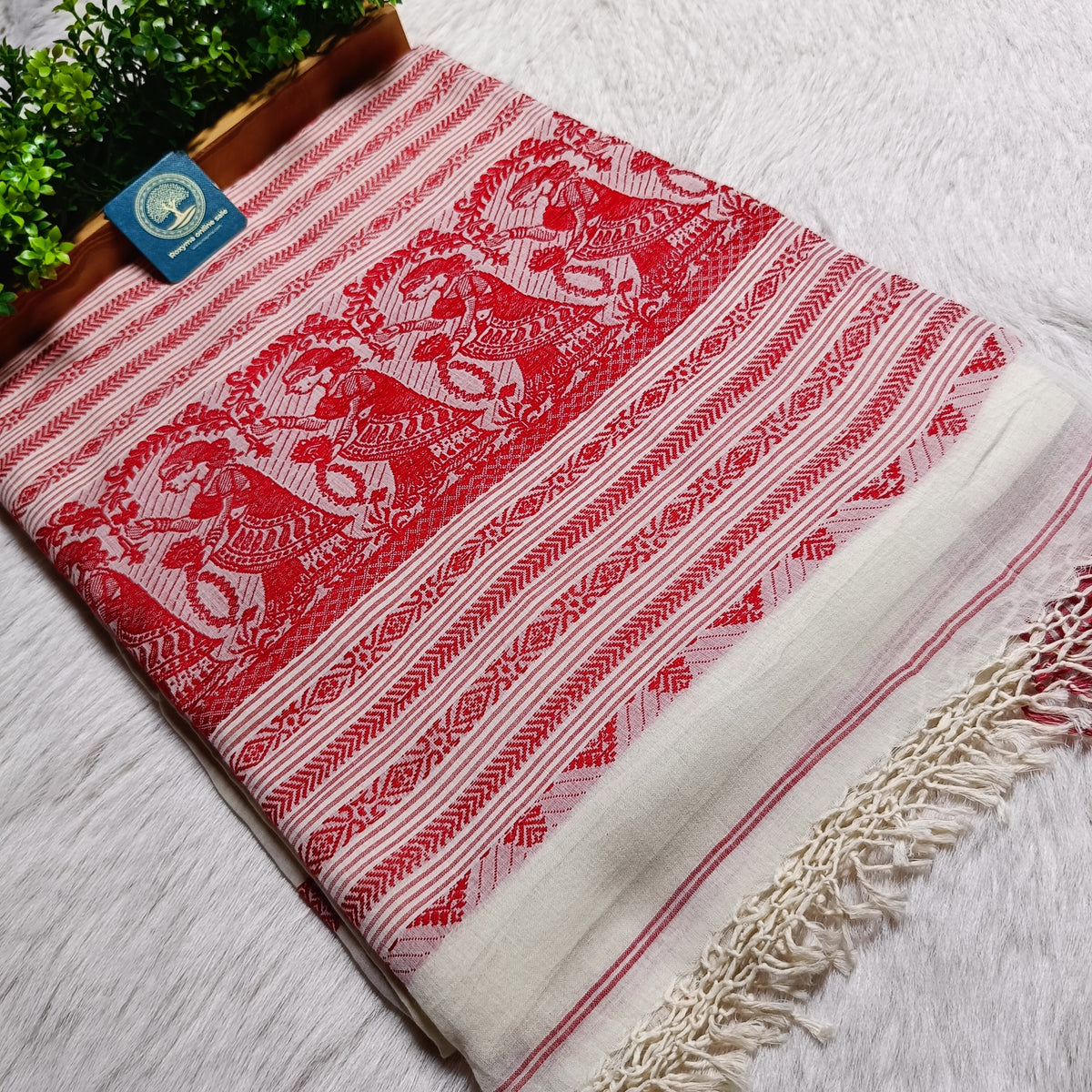 Traditional Red and White Soft Cotton Baluchuri Saree with Blouse Piece – Pure Handloom