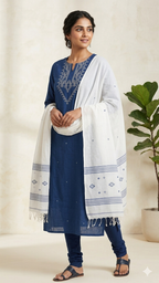 Royal Blue Handloom Cotton Jamdani Dress Material Set