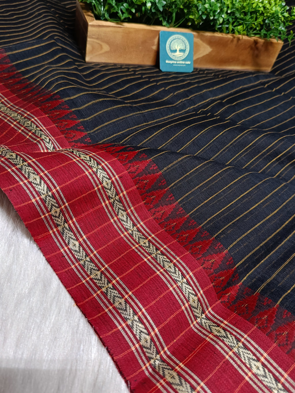 Dhaniyakhali Cotton Saree with Stripes & Vibrant Red Border