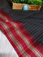 Dhaniyakhali Cotton Saree with Stripes & Vibrant Red Border