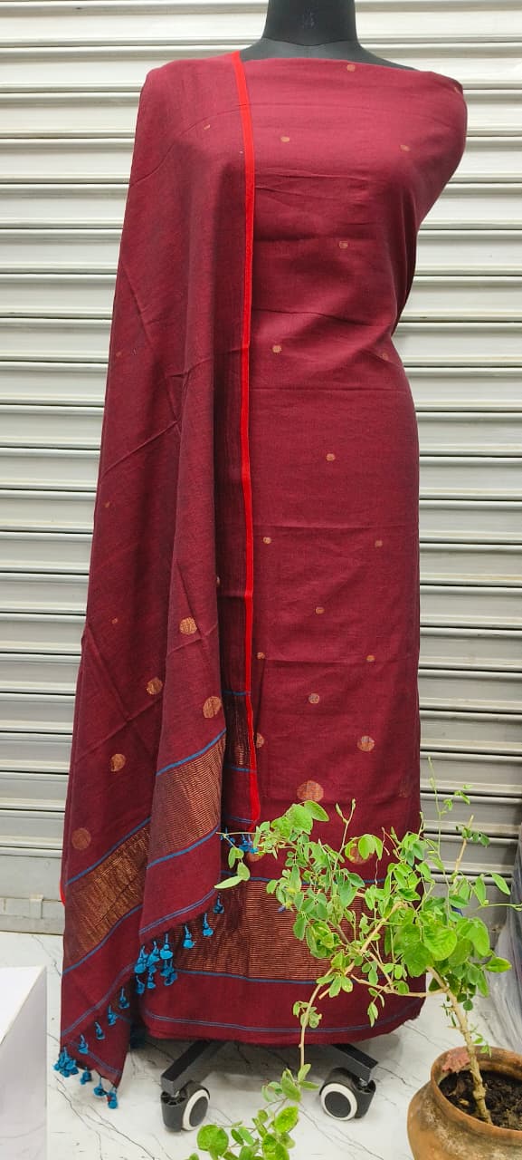 Pure Cotton Jamdani Suit Pieces In Wine-magenta Shade|Top & Dupatta only