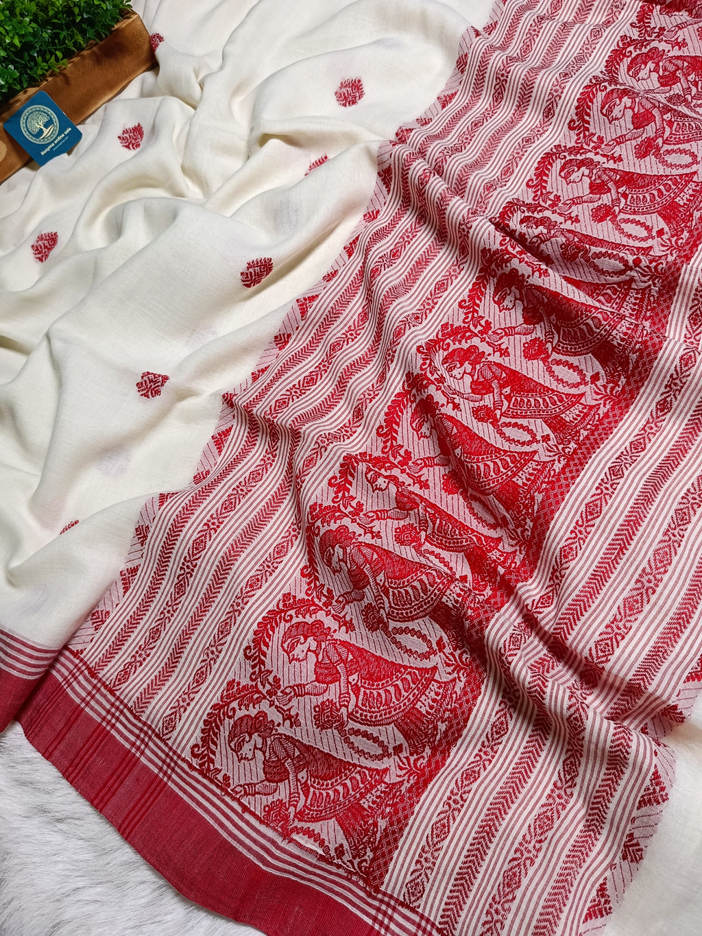 Traditional Red and White Soft Cotton Baluchuri Saree with Blouse Piece – Pure Handloom