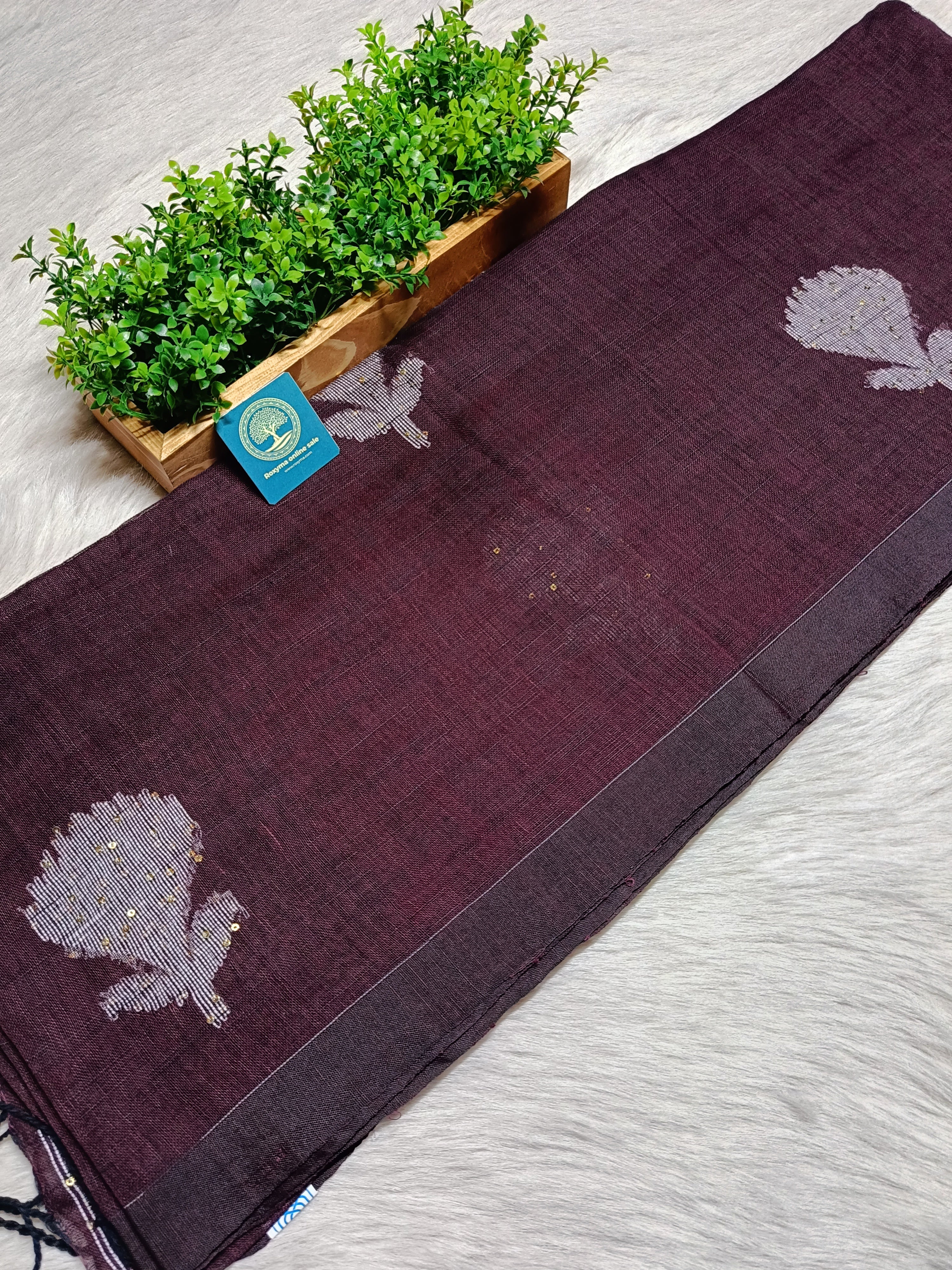 Pure Linen Handwoven Saree with Sequin Floral Motifs & Running Blouse Piece