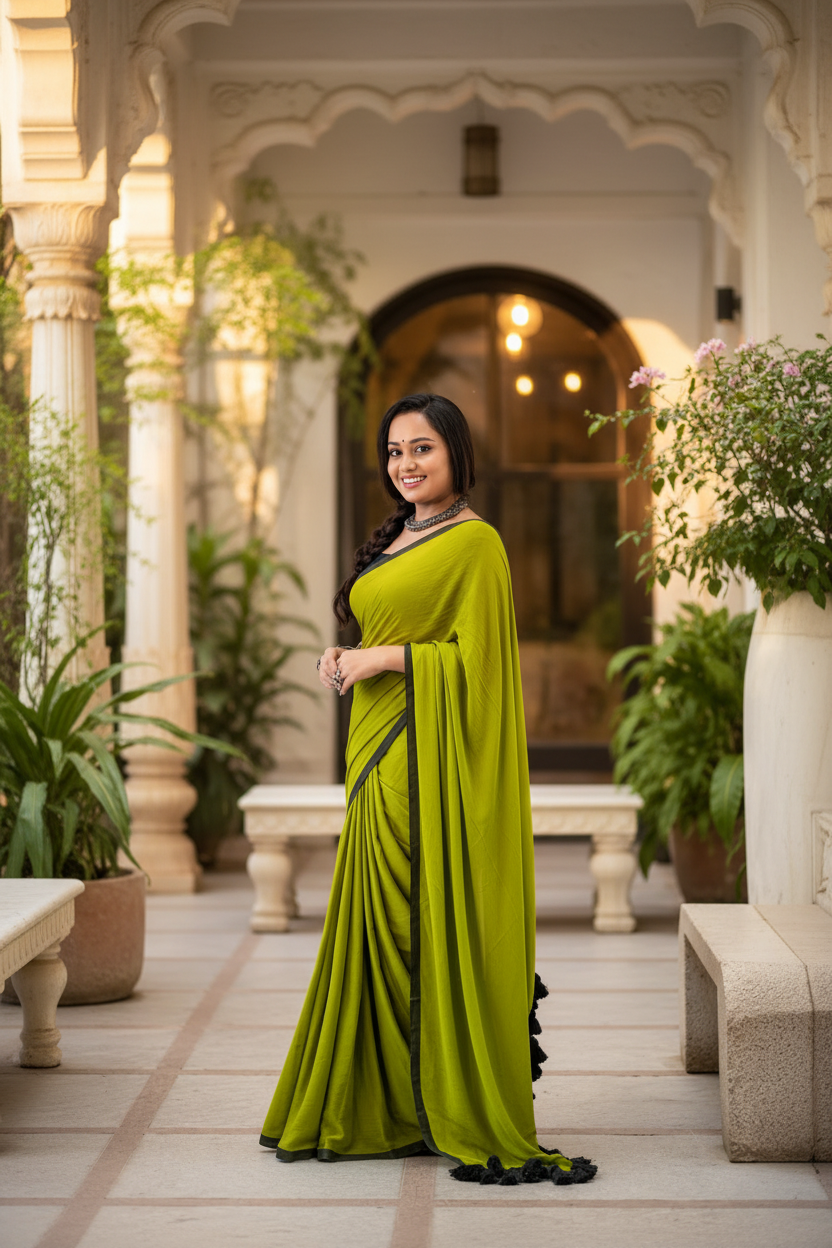 Olive Green Mulmul Cotton Saree