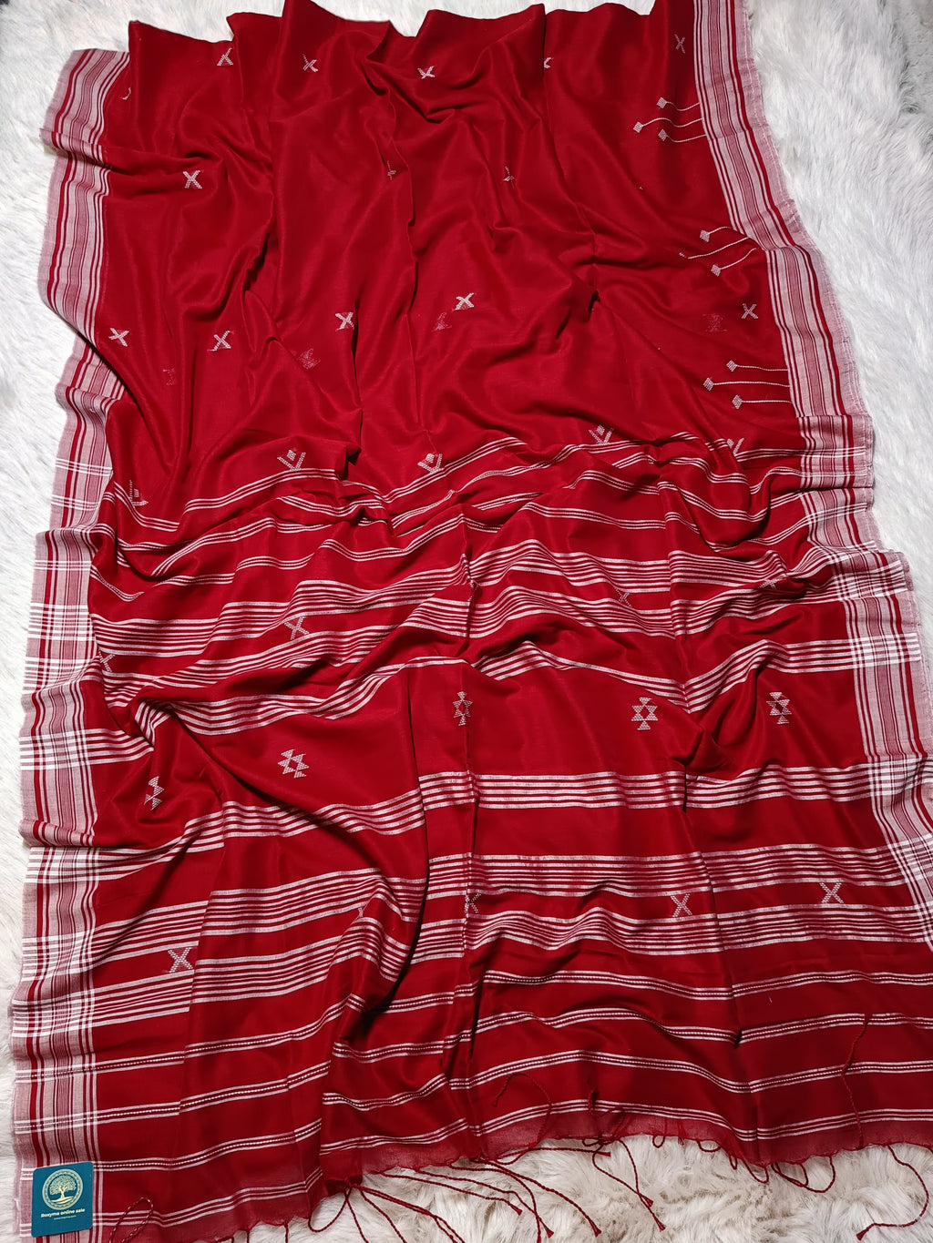 Red Cotton Jamdani Saree with Bhujodi-Style Weaving