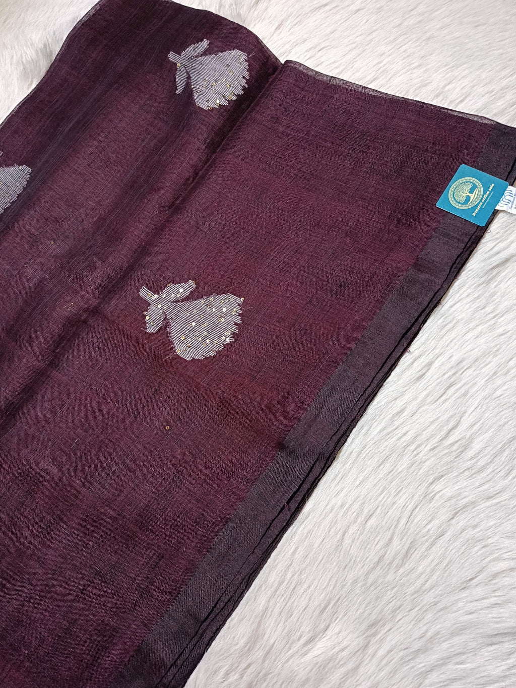 Pure Linen Handwoven Saree with Sequin Floral Motifs & Running Blouse Piece