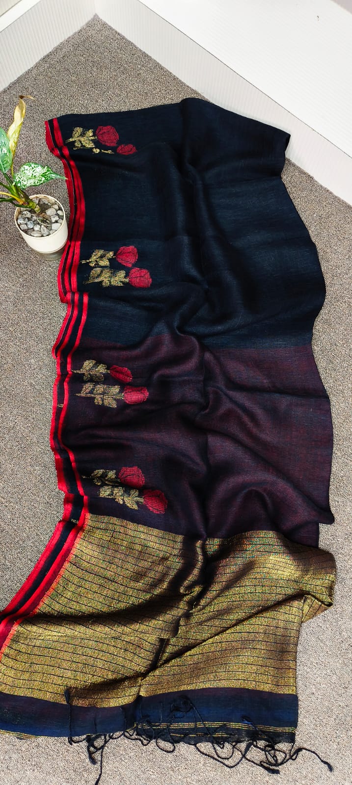 Pure Linen-by-Linen Saree Black with Crimson Jamdani Floral Motifs & Striped Pallu