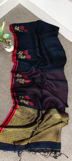 Pure Linen-by-Linen Saree Black with Crimson Jamdani Floral Motifs & Striped Pallu