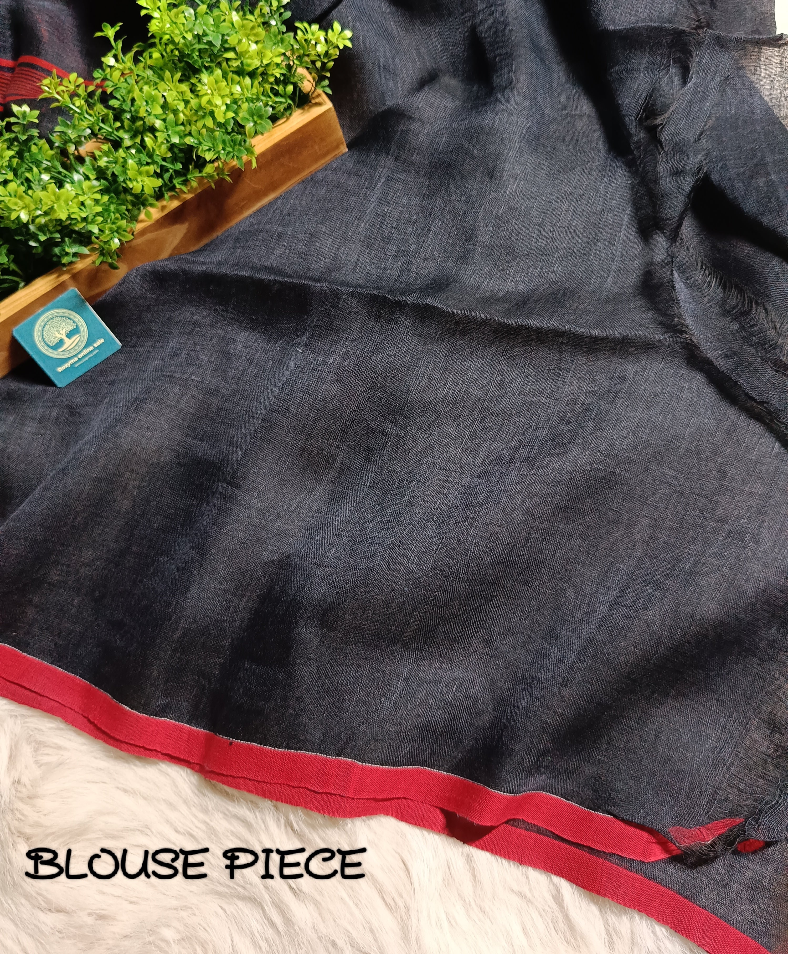 Premium Black Linen Saree with Red Jamdani Temple Border & Buties with Running Blouse Piece