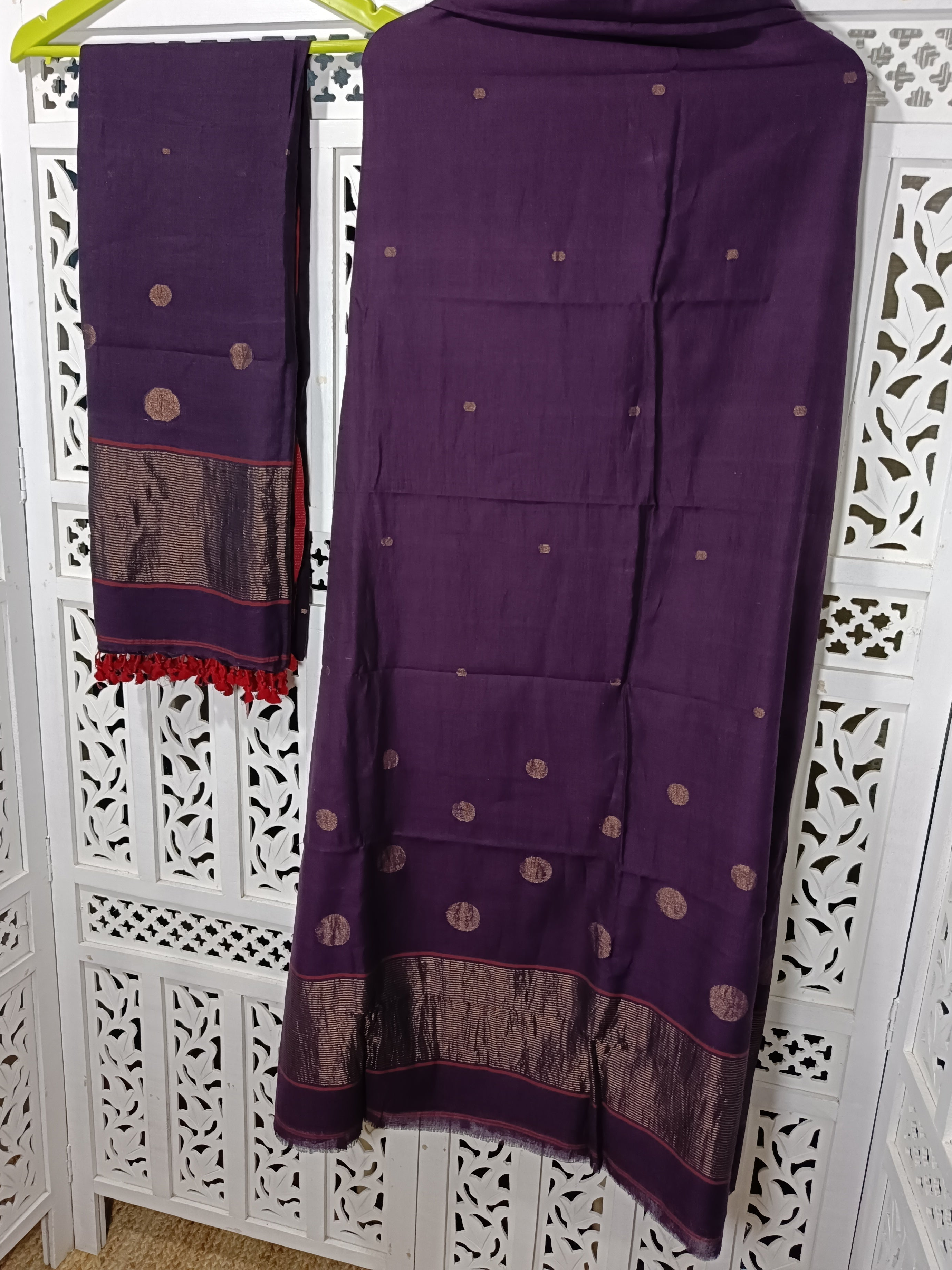 Pure Cotton suit with Jamdani Golden Zari  Butties in Plum Shed. Unstitched Dress Material Set of 2