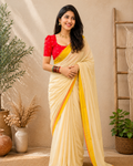 Cream Mulmul Cotton Saree With Golden Zari Border