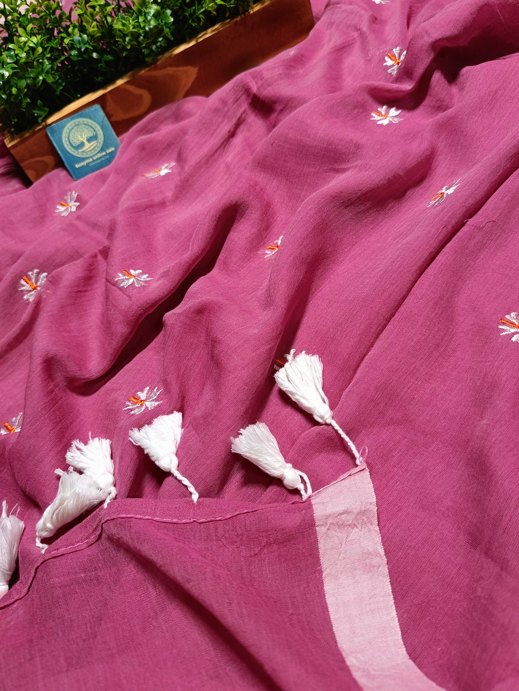 Pure Mulmul Cotton Saree with Seuli Flower Embroidery