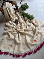 Off White Zari Mull Cotton Saree with Embroidery Work | Handloom Soft Cotton Saree with Tassels