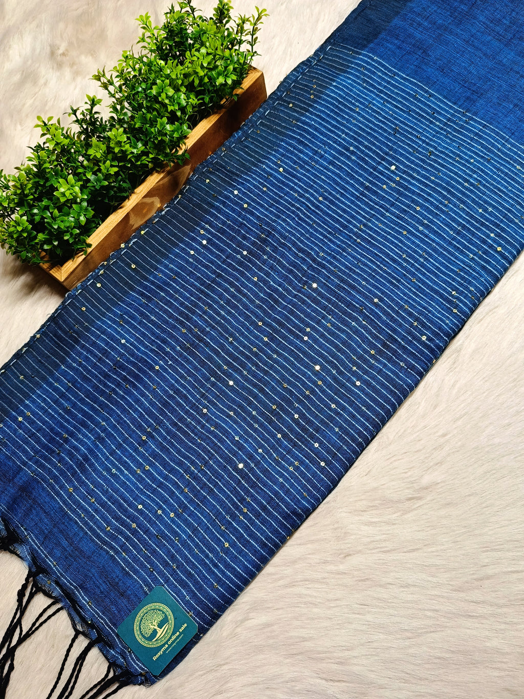 Pure Linen Handwoven Saree with Sequin Floral Motifs & Running Blouse Piece