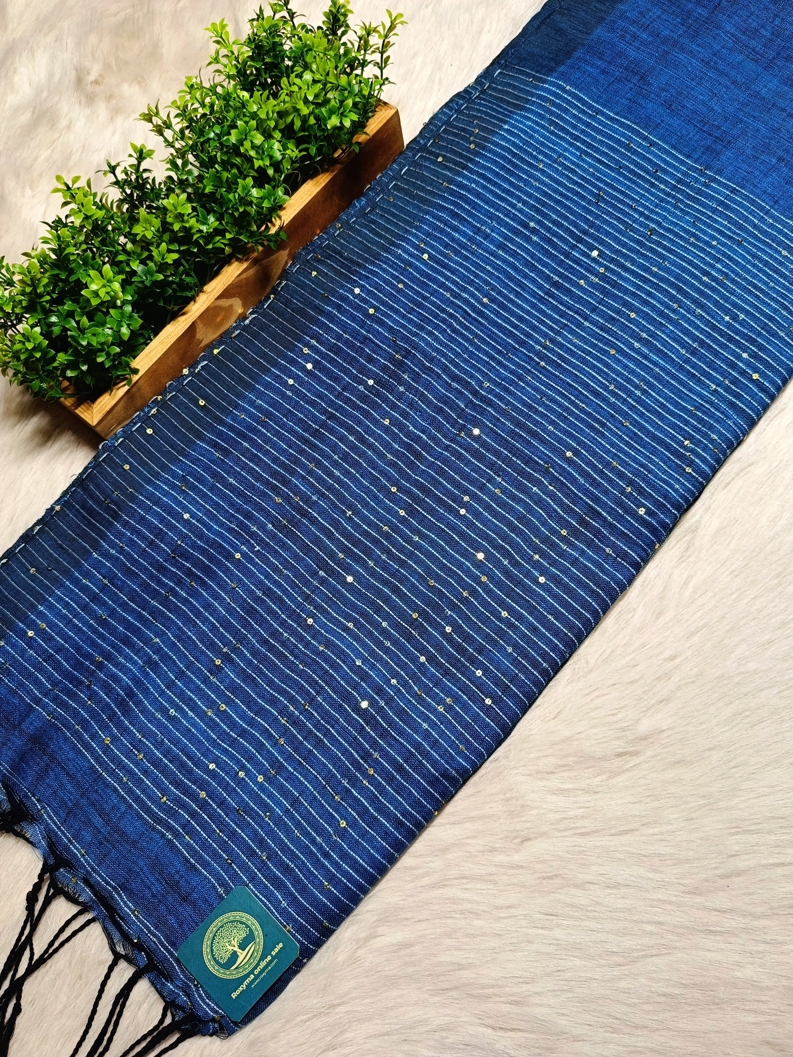 Pure Linen Handwoven Saree with Sequin Floral Motifs & Running Blouse Piece